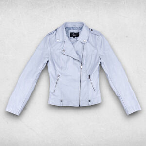 Coalition LA Crop Moto Jacket Women M Light Blue Asymmetrical Zip Vegan Leather